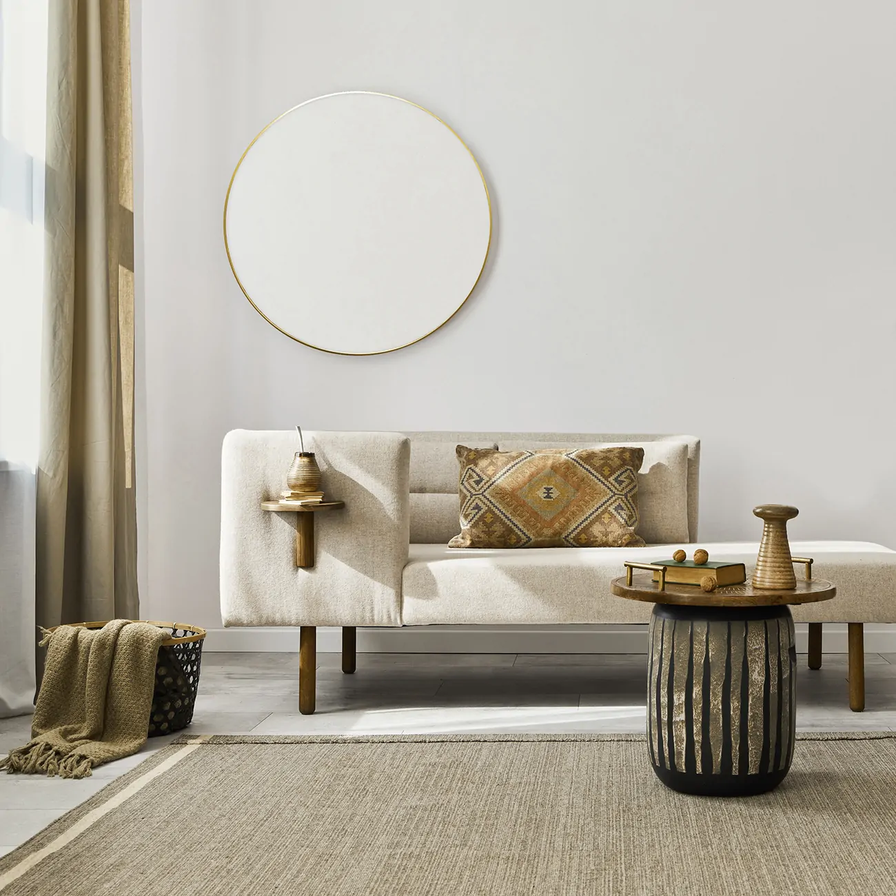 Interior,Design,Of,Ethnic,Living,Room,With,Modern,Commode,,Round